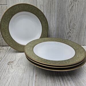 Set Of 4 Sango China Versailles Rim Soup‎ Bowls 8 1/2" Japan #3632 Green Gold